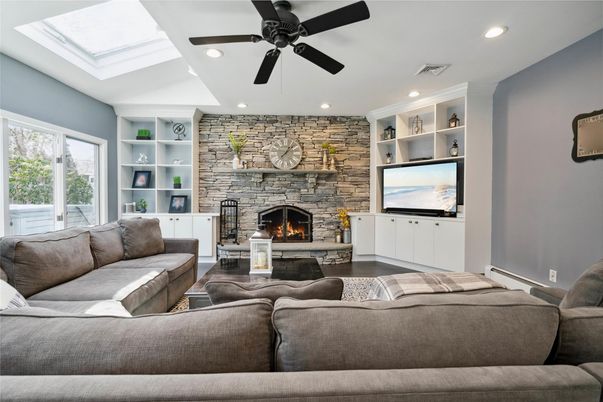 Fireplace, Interior, Living room, Recessed Lighting, Stone Walls