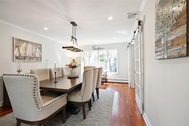 Dining room, Interior, Pendant Lights, Recessed Lighting, Wood Texture Flooring