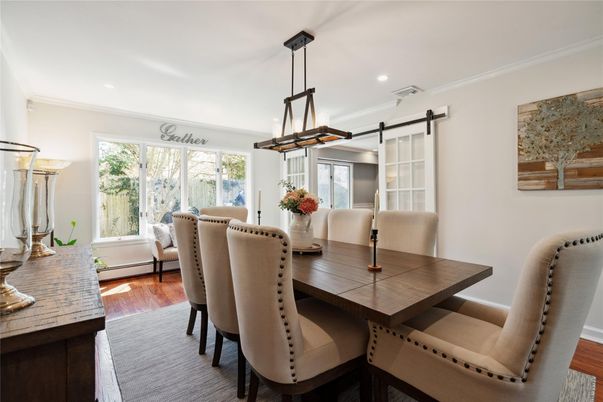 Dining room, Interior, Pendant Lights, Recessed Lighting, Wood Texture Flooring