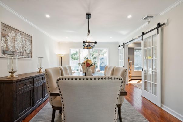 Dining room, Interior, Pendant Lights, Recessed Lighting, Wood Texture Flooring