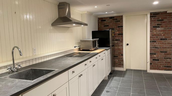 Interior, Kitchen, Recessed Lighting, Stone Walls