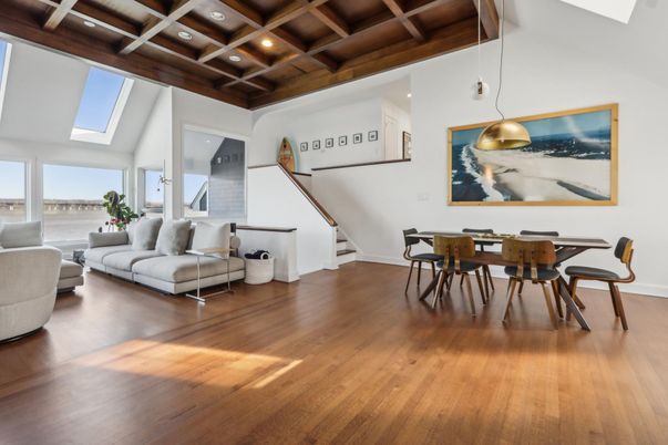 Dining room, Interior, Living room, Pendant Lights, Recessed Lighting, Water, Wooden Beams, Wood Texture Flooring