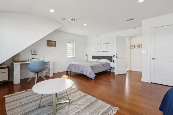 Bedroom, Interior, Recessed Lighting, Wood Texture Flooring