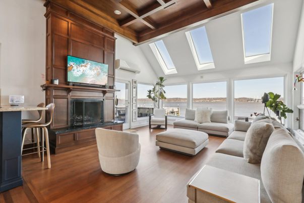 Fireplace, Interior, Living room, Recessed Lighting, Water, Wooden Beams, Wooden Ceilings, Wood Texture Flooring