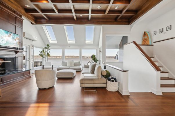 Fireplace, Interior, Living room, Recessed Lighting, Water, Wooden Beams, Wooden Ceilings, Wood Texture Flooring