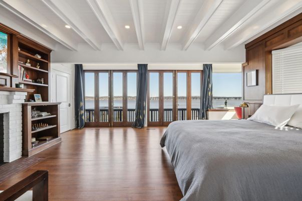 Bedroom, Fireplace, Interior, Recessed Lighting, Water, Wood Texture Flooring