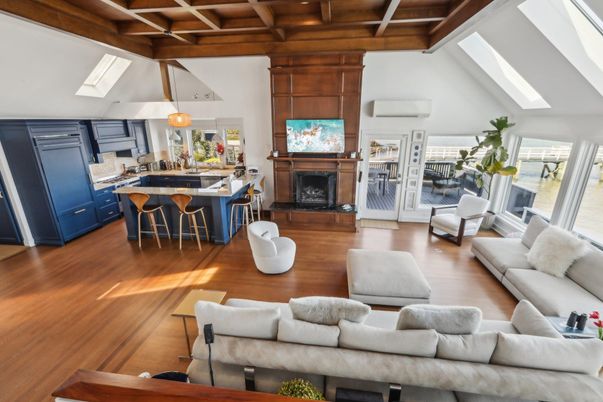Fireplace, Interior, Kitchen, Living room, Pendant Lights, Wooden Beams, Wooden Ceilings, Wood Texture Flooring