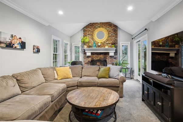 Fireplace, Interior, Living room, Recessed Lighting, Stone Walls