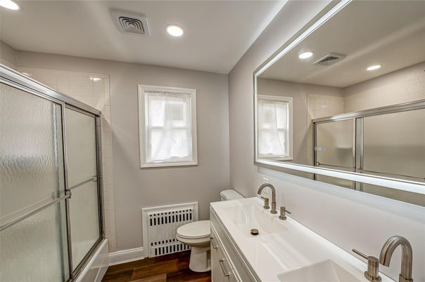 Bathroom, Glass Shower, Interior, Recessed Lighting, Wood Texture Flooring