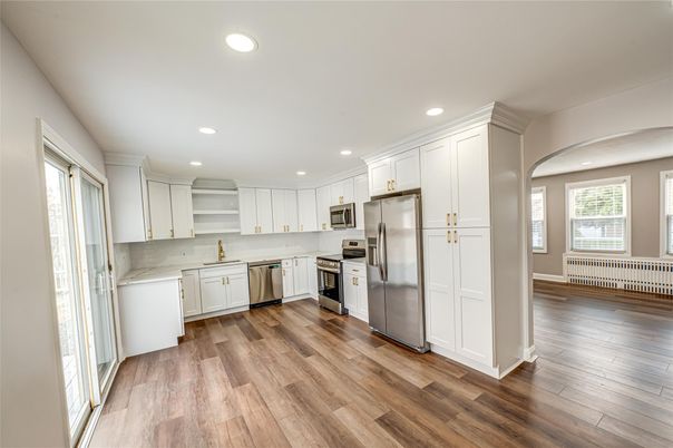 Interior, Kitchen, Recessed Lighting, Stainless Steel Appliances, Wood Texture Flooring