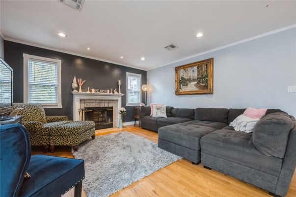 Fireplace, Interior, Living room, Recessed Lighting, Wood Texture Flooring