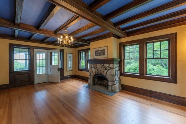 Chandelier, Empty room, Fireplace, Interior, Wooden Beams, Wood Texture Flooring