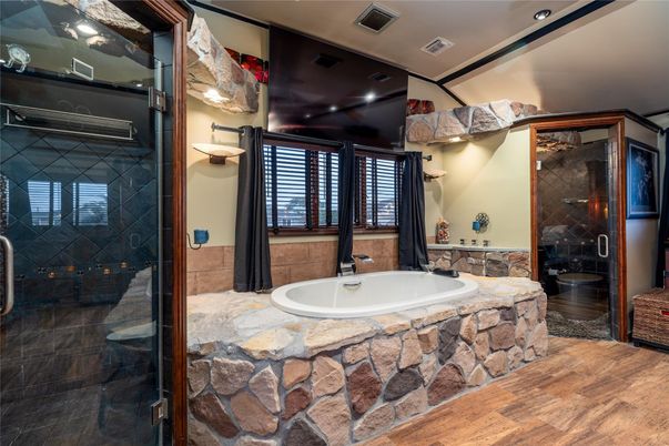 Bathroom, Glass Shower, Interior, Recessed Lighting, Wood Texture Flooring