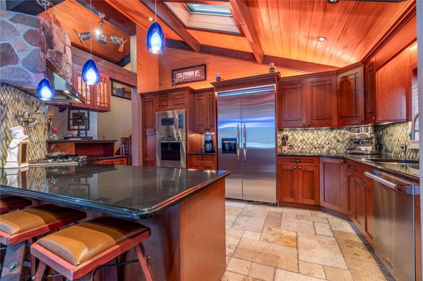 Interior, Kitchen, Pendant Lights, Recessed Lighting, Stainless Steel Appliances, Stone Walls, Wooden Beams, Wooden Ceilings