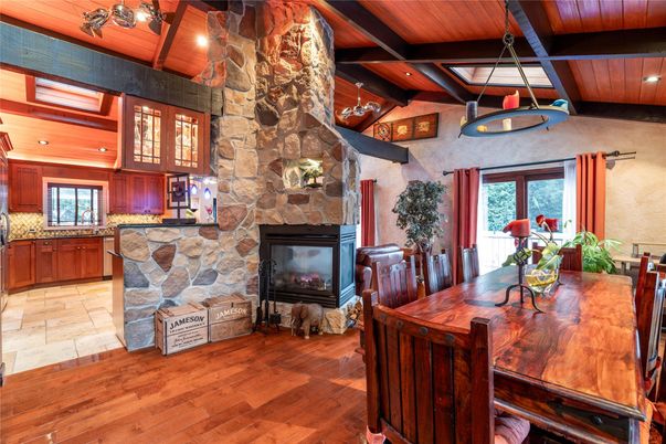 Dining room, Fireplace, Interior, Kitchen, Pendant Lights, Recessed Lighting, Stone Walls, Wooden Beams, Wooden Ceilings, Wood Texture Flooring