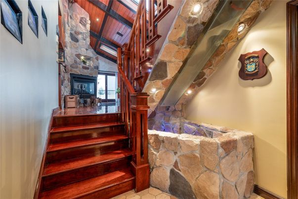 Fireplace, Interior, Recessed Lighting, Stone Walls, Wooden Beams