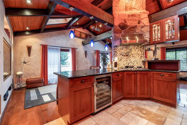 Interior, Kitchen, Pendant Lights, Recessed Lighting, Stainless Steel Appliances, Wooden Beams, Wooden Ceilings, Wood Texture Flooring