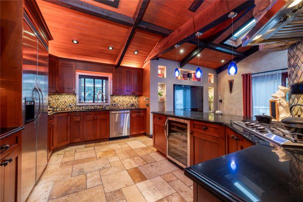 Interior, Kitchen, Pendant Lights, Recessed Lighting, Stainless Steel Appliances, Wooden Beams, Wooden Ceilings