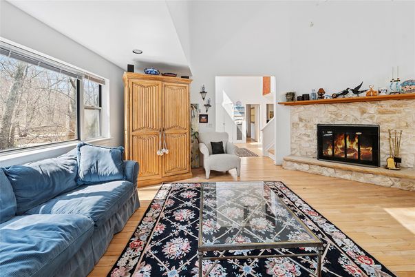 Fireplace, Interior, Living room, Recessed Lighting, Wood Texture Flooring
