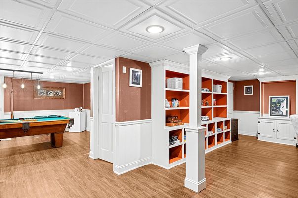 Billiard Table, Game Room, Interior, Recessed Lighting, Wood Texture Flooring
