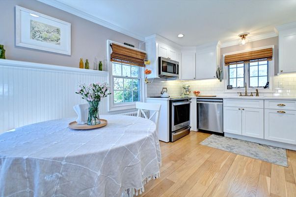 Dining room, Interior, Kitchen, Recessed Lighting, Stainless Steel Appliances, Wood Texture Flooring