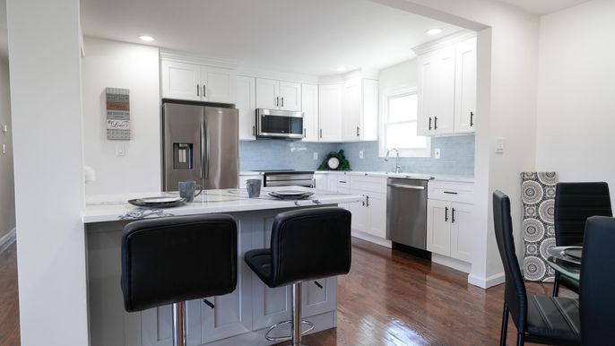Interior, Kitchen, Recessed Lighting, Stainless Steel Appliances, Wood Texture Flooring