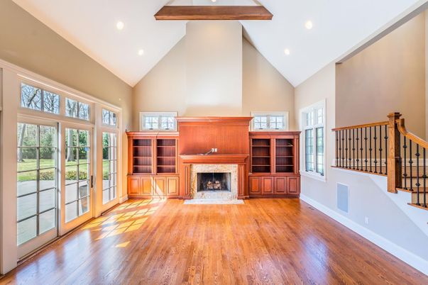 Fireplace, Interior, Recessed Lighting, Wooden Beams, Wood Texture Flooring