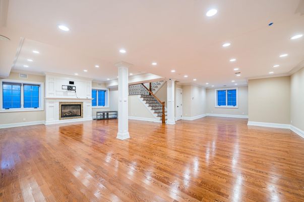 Empty room, Fireplace, Interior, Recessed Lighting, Wood Texture Flooring
