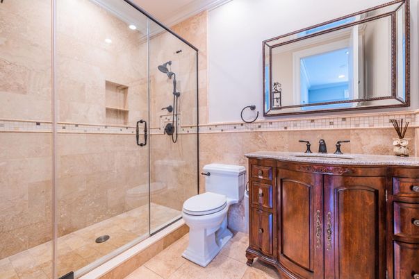 Bathroom, Glass Shower, Interior, Recessed Lighting