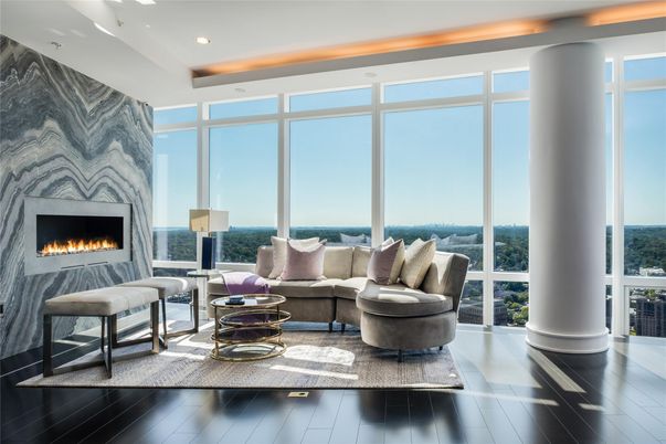 Fireplace, Interior, Living room, Recessed Lighting, Water, Wood Texture Flooring