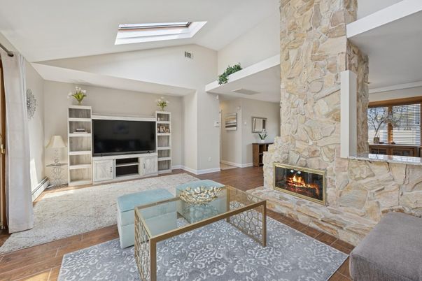 Fireplace, Interior, Living room, Stone Walls, Wood Texture Flooring
