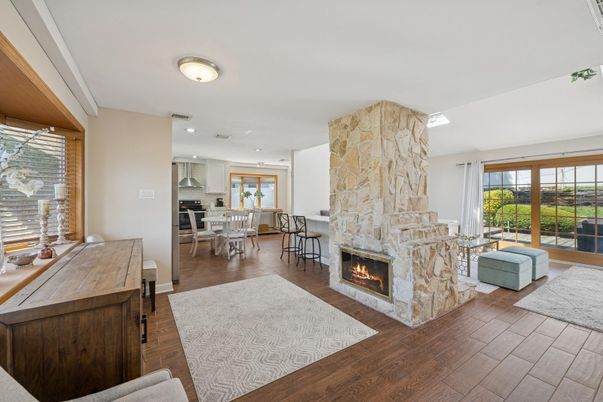Dining room, Fireplace, Interior, Kitchen, Pendant Lights, Recessed Lighting, Wood Texture Flooring