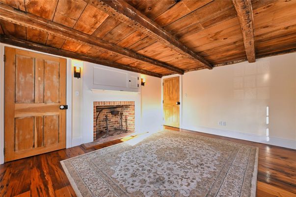 Empty room, Fireplace, Interior, Wooden Beams, Wooden Ceilings, Wood Texture Flooring