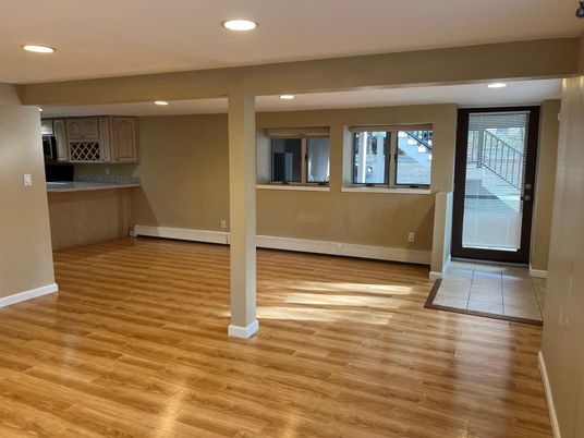 Empty room, Interior, Kitchen, Recessed Lighting, Wood Texture Flooring