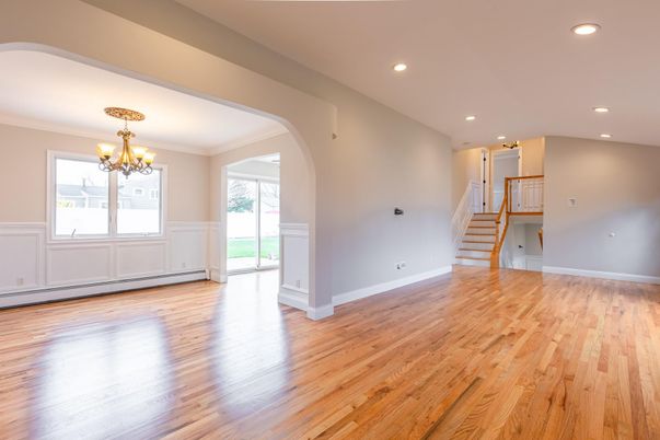 Chandelier, Empty room, Interior, Recessed Lighting, Wood Texture Flooring