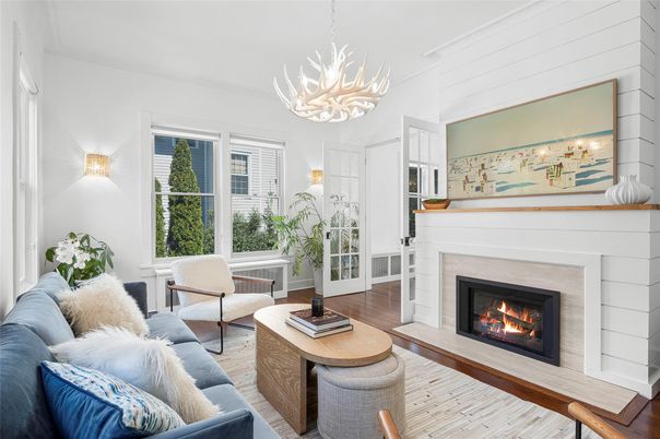 Fireplace, Interior, Living room, Pendant Lights, Wood Texture Flooring