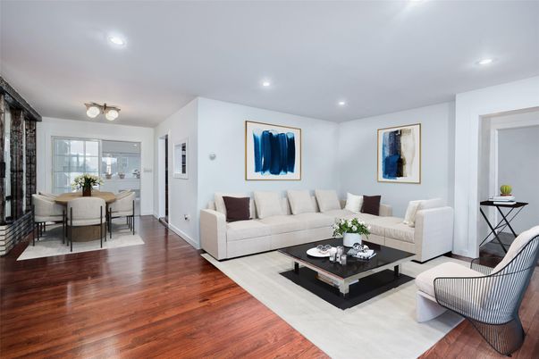 Dining room, Interior, Living room, Recessed Lighting, Wood Texture Flooring