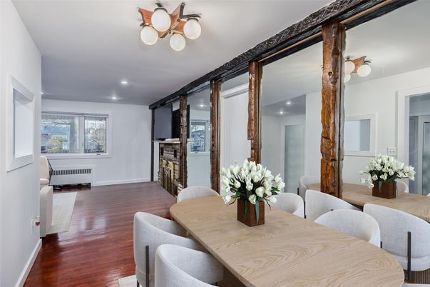 Dining room, Interior, Recessed Lighting, Wood Texture Flooring