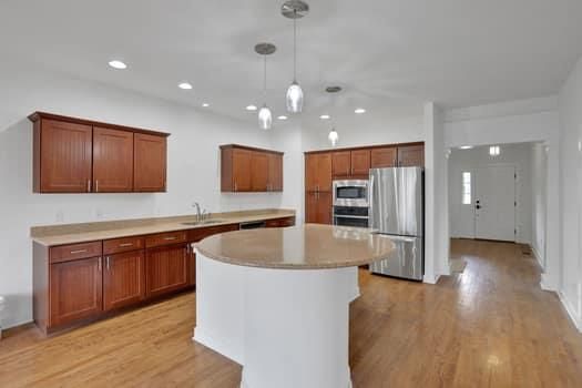 Interior, Kitchen, Pendant Lights, Recessed Lighting, Stainless Steel Appliances, Wood Texture Flooring