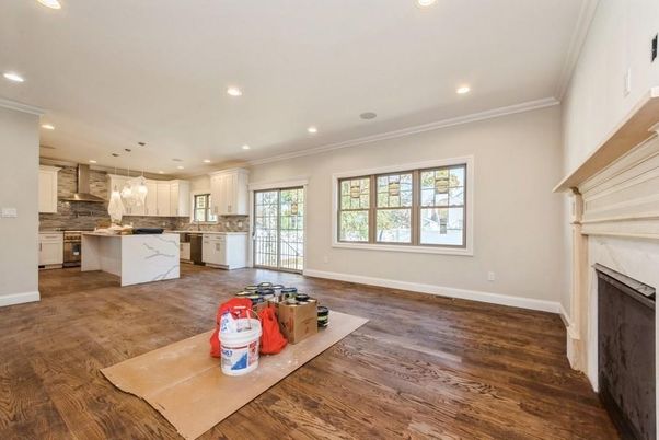 Fireplace, Interior, Kitchen, Pendant Lights, Recessed Lighting, Wood Texture Flooring