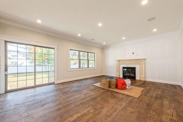 Empty room, Fireplace, Interior, Recessed Lighting, Wood Texture Flooring