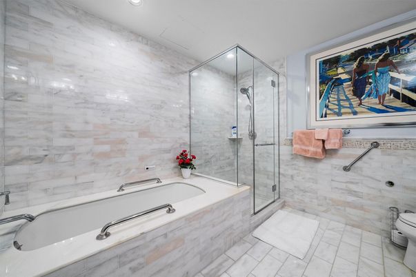 Bathroom, Glass Shower, Interior, Marble Walls, Recessed Lighting