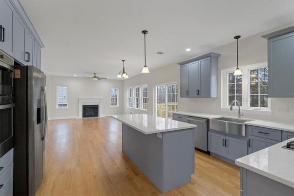 Fireplace, Interior, Kitchen, Pendant Lights, Recessed Lighting, Wood Texture Flooring