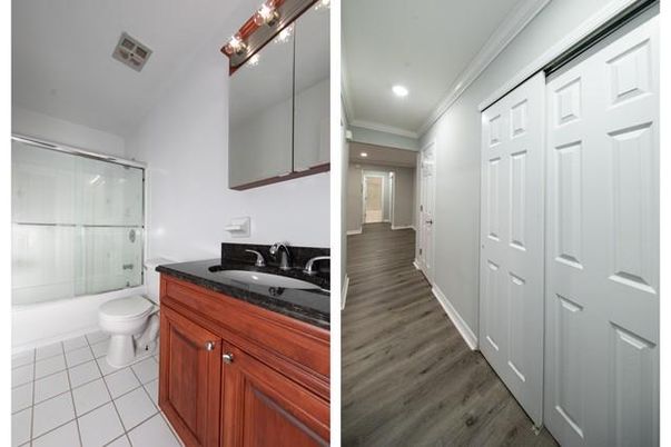 Bathroom, Glass Shower, Interior, Recessed Lighting, Wood Texture Flooring