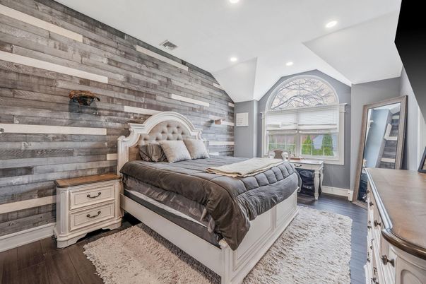 Bedroom, Interior, Recessed Lighting, Wood Texture Flooring, Wooden Walls