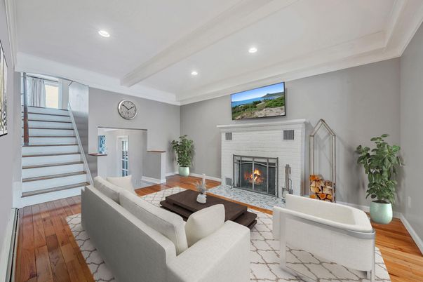 Fireplace, Interior, Living room, Recessed Lighting, Wood Texture Flooring