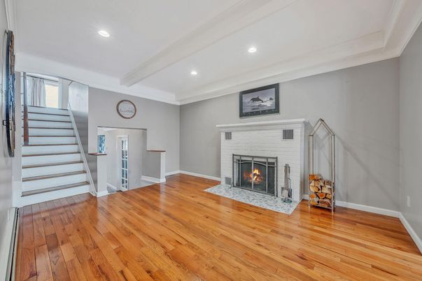 Fireplace, Interior, Recessed Lighting, Wood Texture Flooring