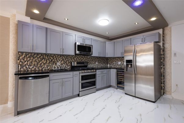 Interior, Kitchen, Marble, Recessed Lighting, Stainless Steel Appliances