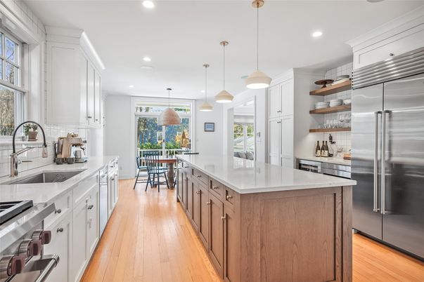 Interior, Kitchen, Pendant Lights, Recessed Lighting, Stainless Steel Appliances, Wood Texture Flooring