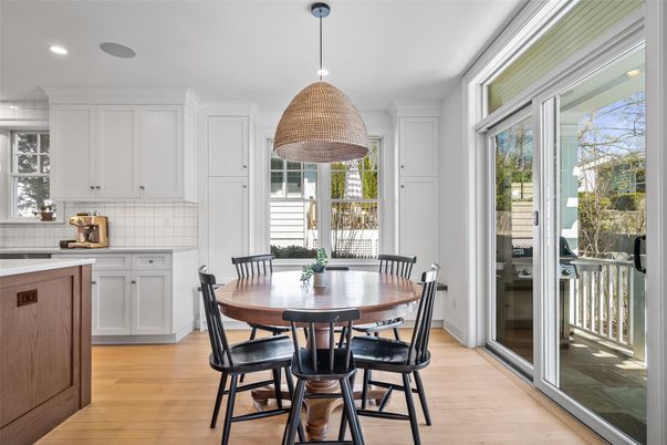 Dining room, Interior, Kitchen, Pendant Lights, Recessed Lighting, Wood Texture Flooring